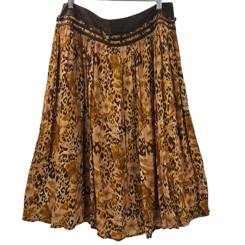 RQT Vintage 90s Y2K Boho Eclectic Maximalist Leopard Floral Brown Midi Skirt 14P